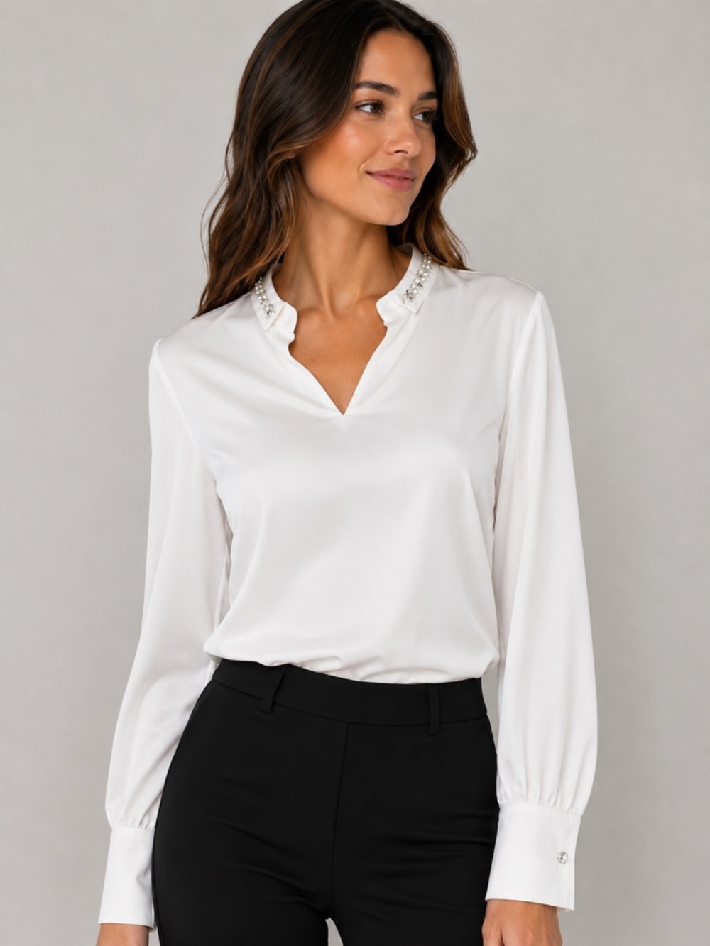 WHBM White Jeweled-Collar Long Sleeve Blouse
